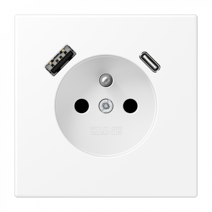 Gniazdo z uziemieniem biały mat z ładowarką USB-C i USB-A Jung LS 990