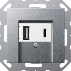 Gniazdo zasilania aluminium środek biały USB 2x Typ A / typ C