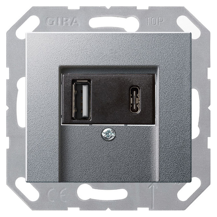 Gniazdo zasilania aluminium środek czarny USB 2x Typ A / typ C