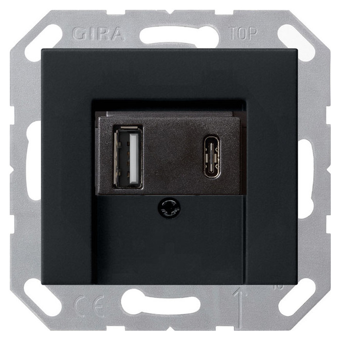 Gniazdo zasilania czarny mat środek czarny USB 2x Typ A / typ C
